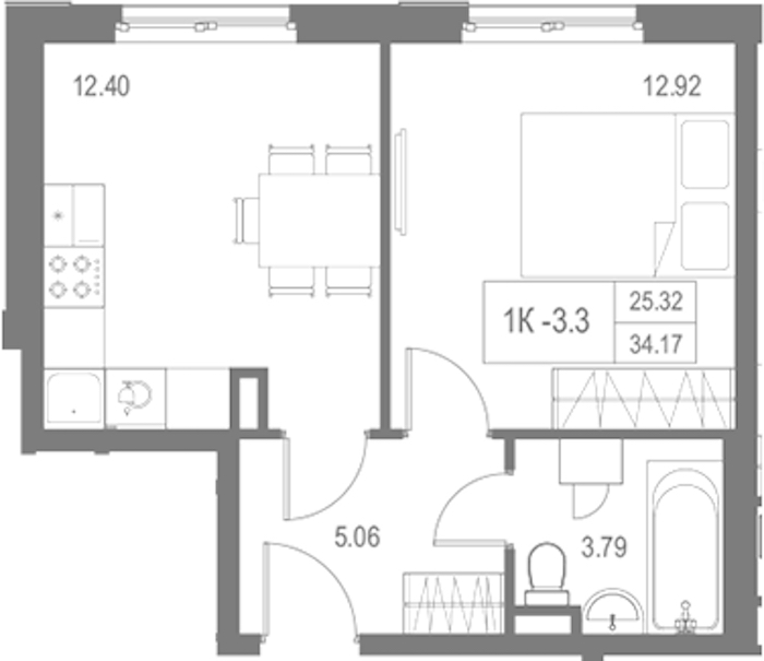 1-комнатная квартира 34.17 м², 9/17 эт., Комплекс апартаментов «Zoom на Неве»